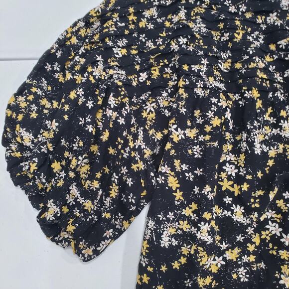 Intimately Free People Bodysuit Womens Large Black Floral Puff Sleeve Ruched - Picture 6 of 12